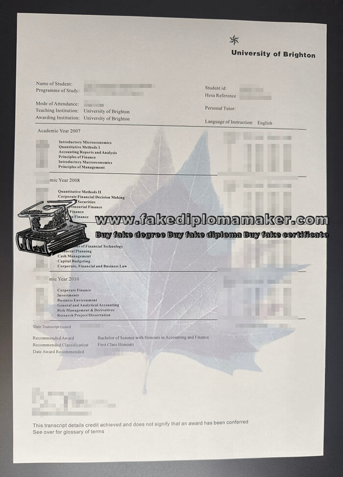purchase realistic University of Brighton Transcript