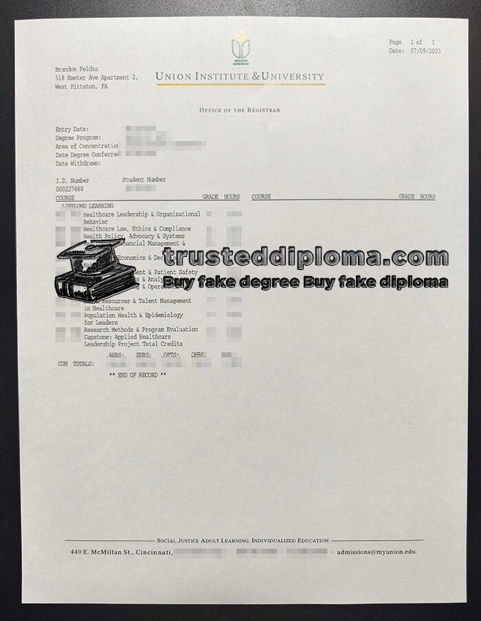 purchase realistic Union Institute & University Transcript