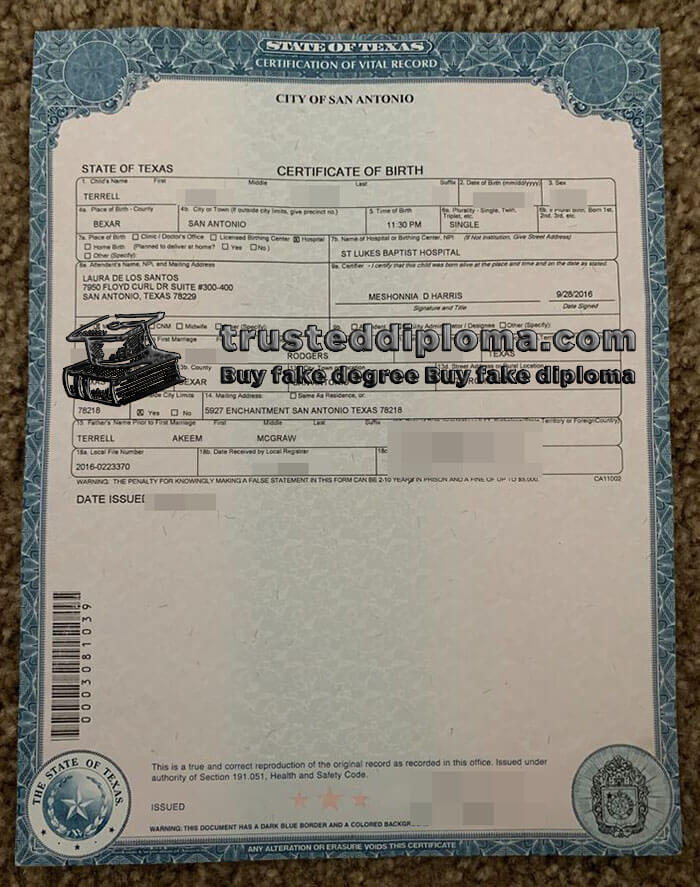 purchase realistic City of San Antonio Certificate of Birth