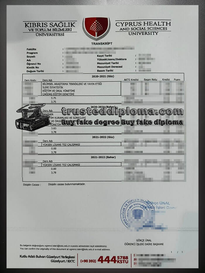 purchase realistic Cyprus Health and Social Sciences University Transcript