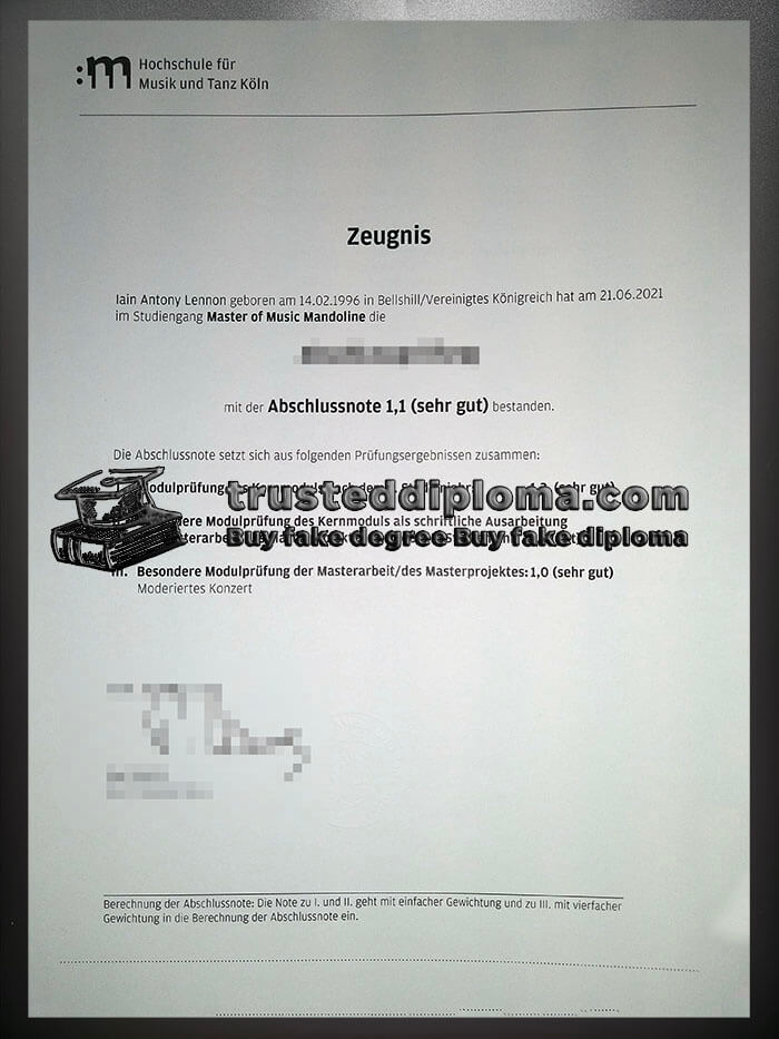 purchase realistic Hochschule für Musik und Tanz Köln Zeugnis