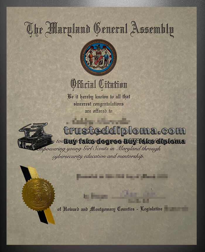 purchase realistic Maryland General Assembly Official Citation certificate