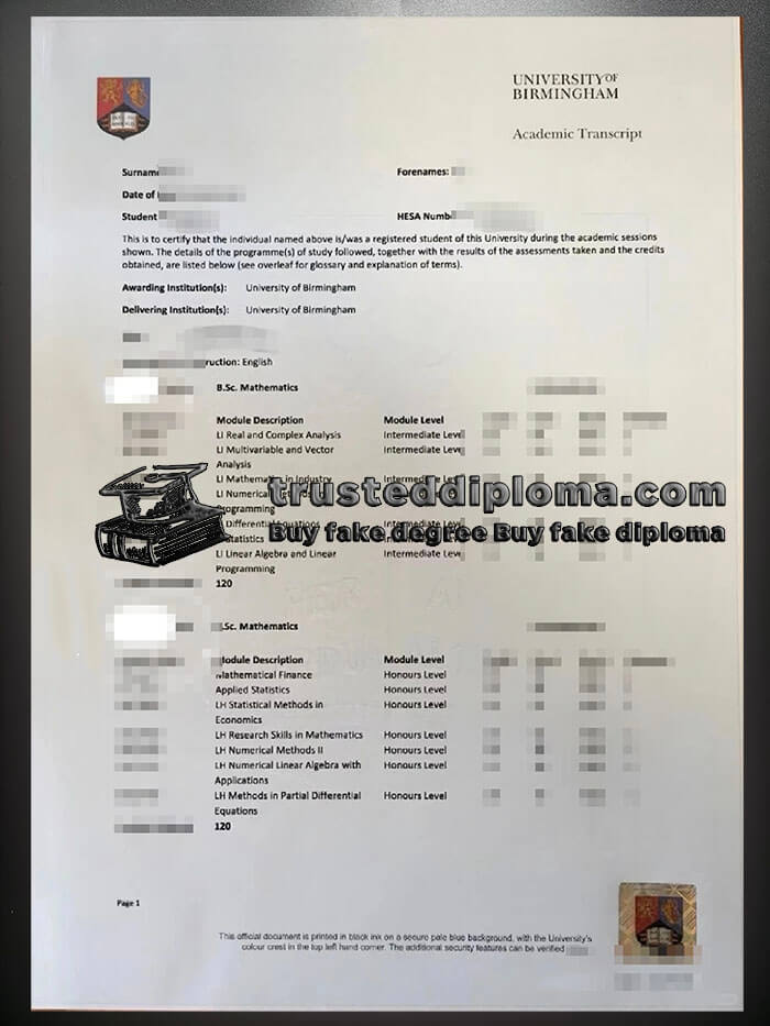 purchase realistic University of Birmingham Transcript